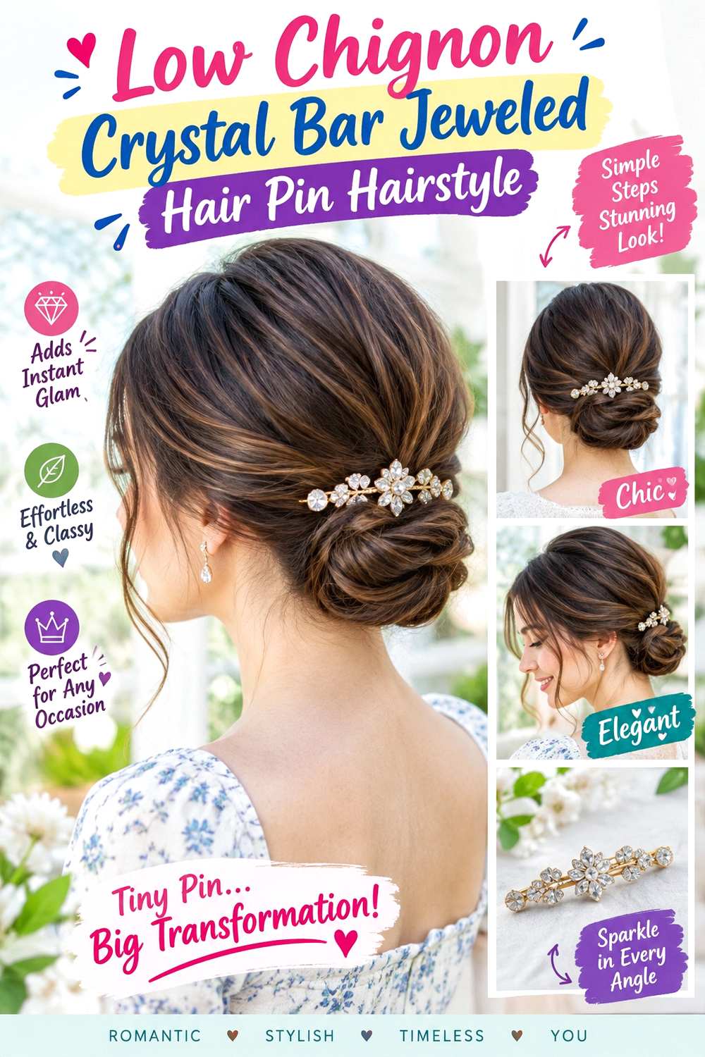 Low Chignon Crystal Bar Jeweled Hair Pin Hairstyle