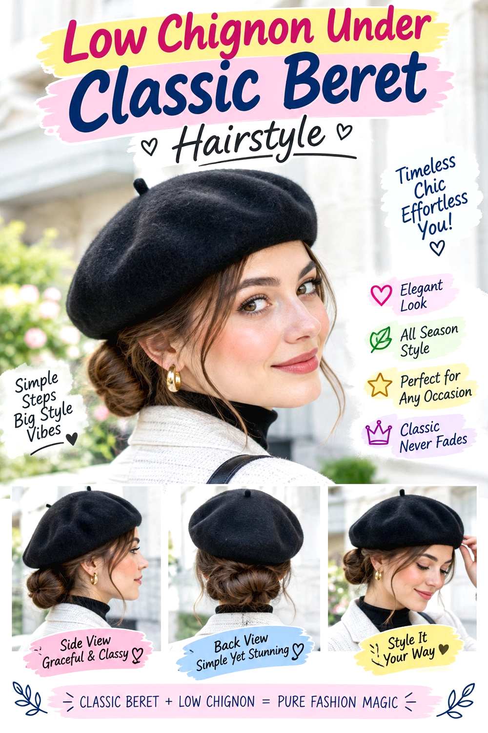 Low Chignon Under Classic Beret Hairstyle