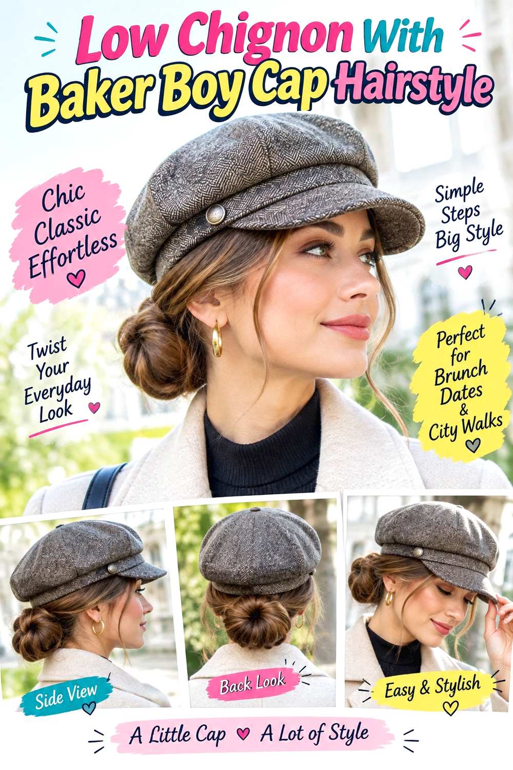 Low Chignon With Baker Boy Cap Hairstyle