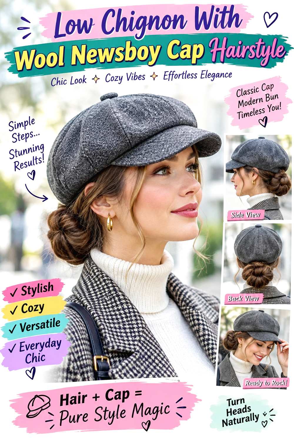 Low Chignon With Wool Newsboy Cap Hairstyle