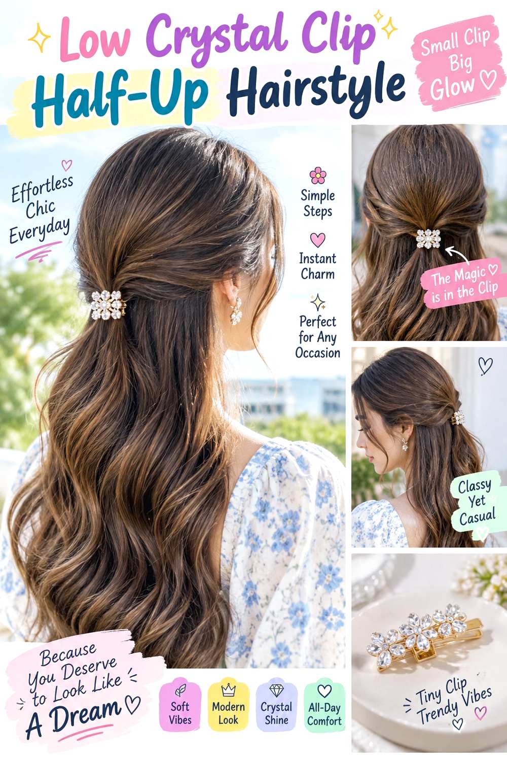 Low Crystal Clip Half-Up Hairstyle