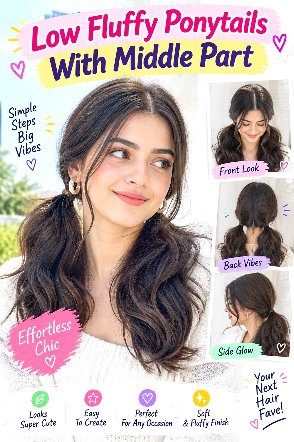 Low Fluffy Ponytails With Middle Part Hairstyle