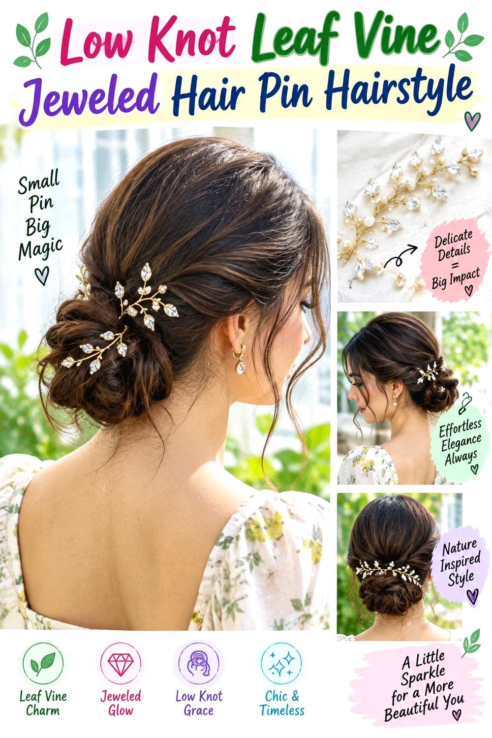 Low Knot Leaf Vine Jeweled Hair Pin Hairstyle