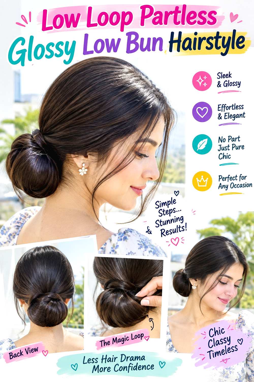 Low Loop Partless Glossy Low Bun Hairstyle