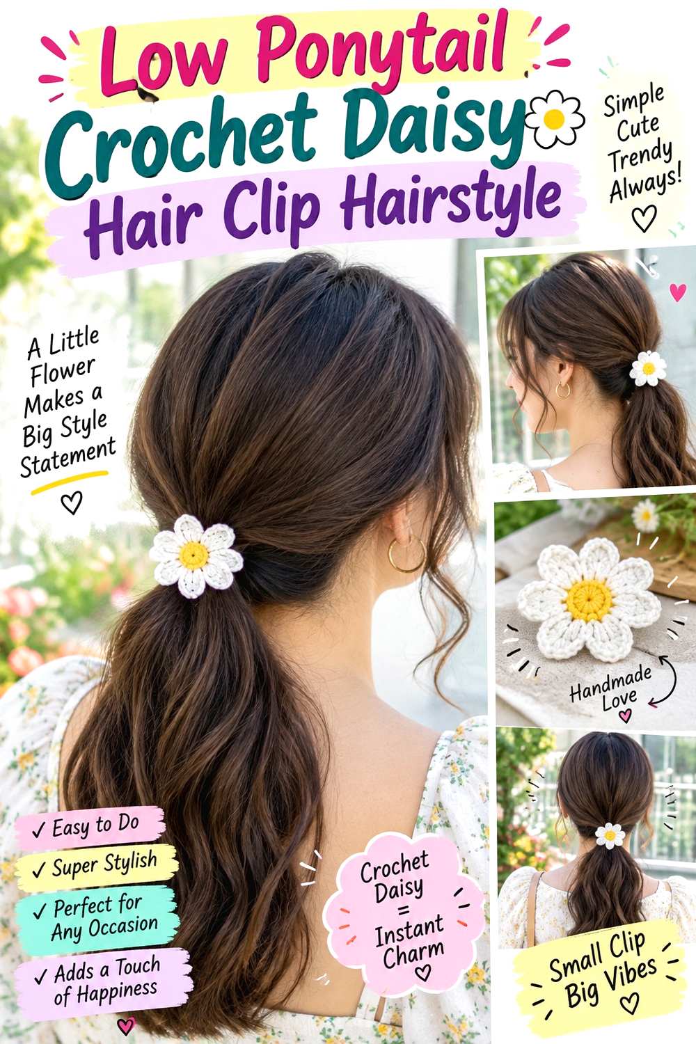 Low Ponytail Crochet Daisy Hair Clip Hairstyle
