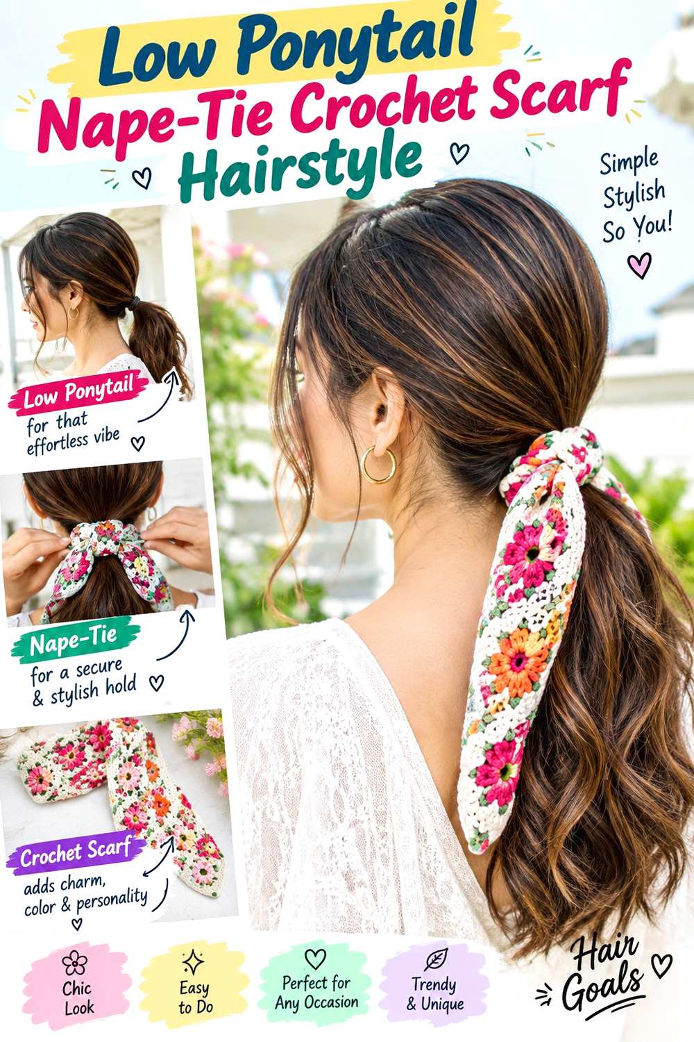 Low Ponytail Nape-Tie Crochet Scarf Hairstyle