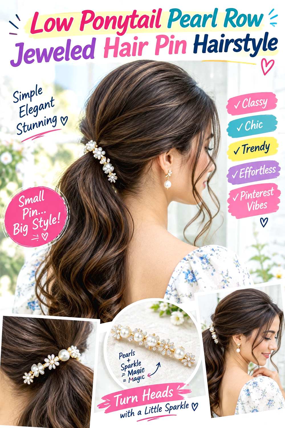 Low Ponytail Pearl Row Jeweled Hair Pin Hairstyle