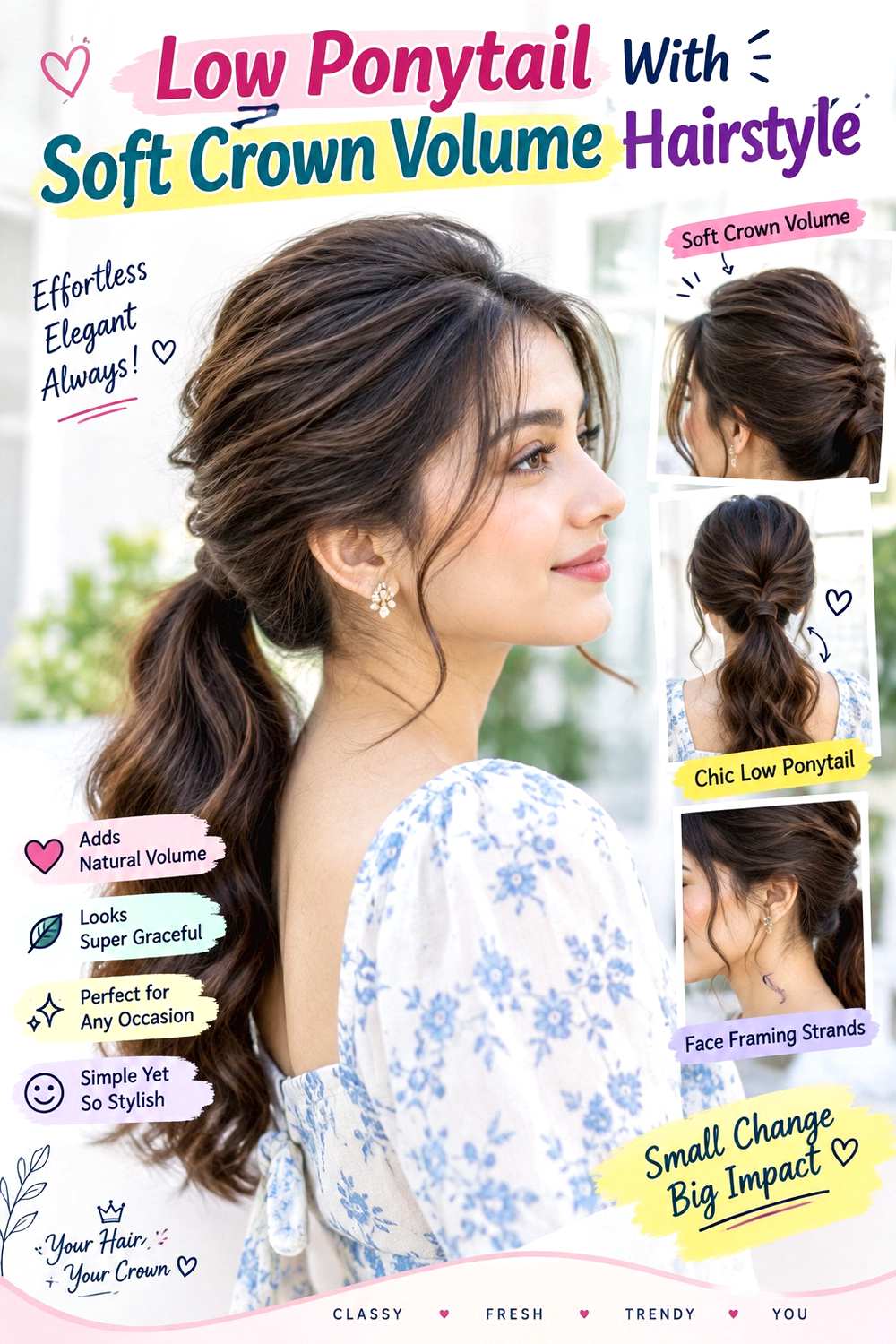 Low Ponytail With Soft Crown Volume Hairstyle