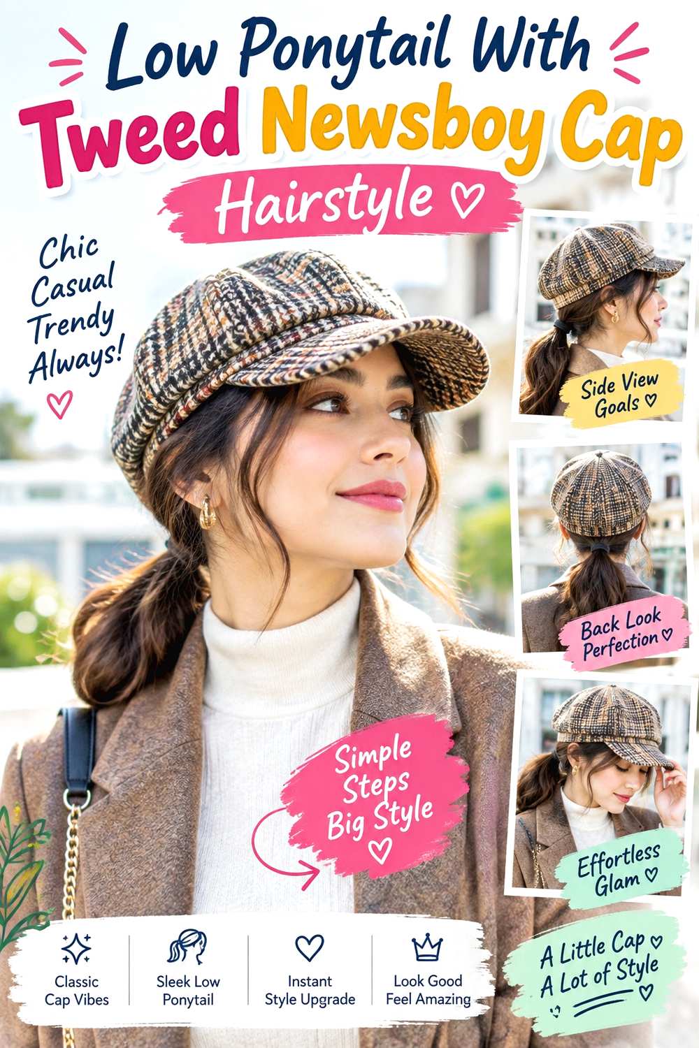 Low Ponytail With Tweed Newsboy Cap Hairstyle
