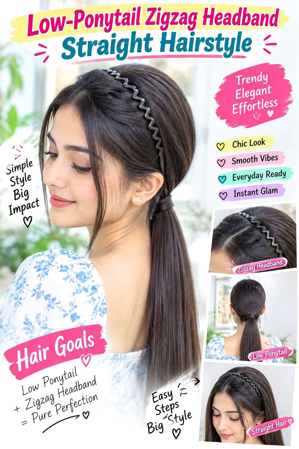 Low-Ponytail Zigzag Headband Straight Hairstyle