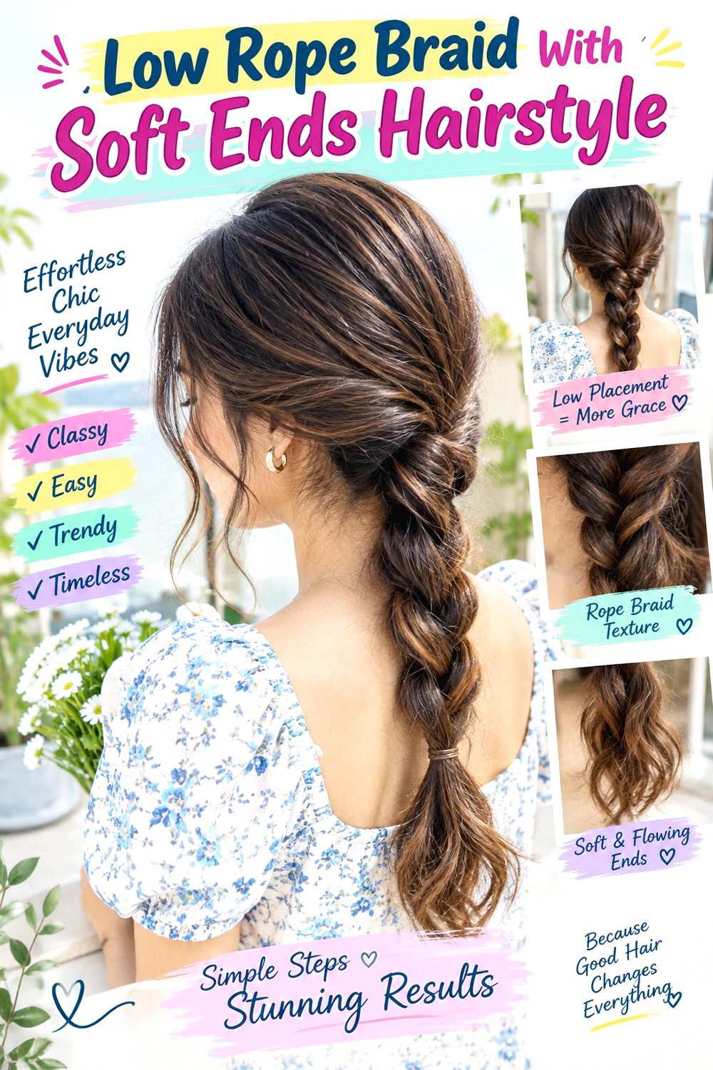 Low Rope Braid With Soft Ends Hairstyle