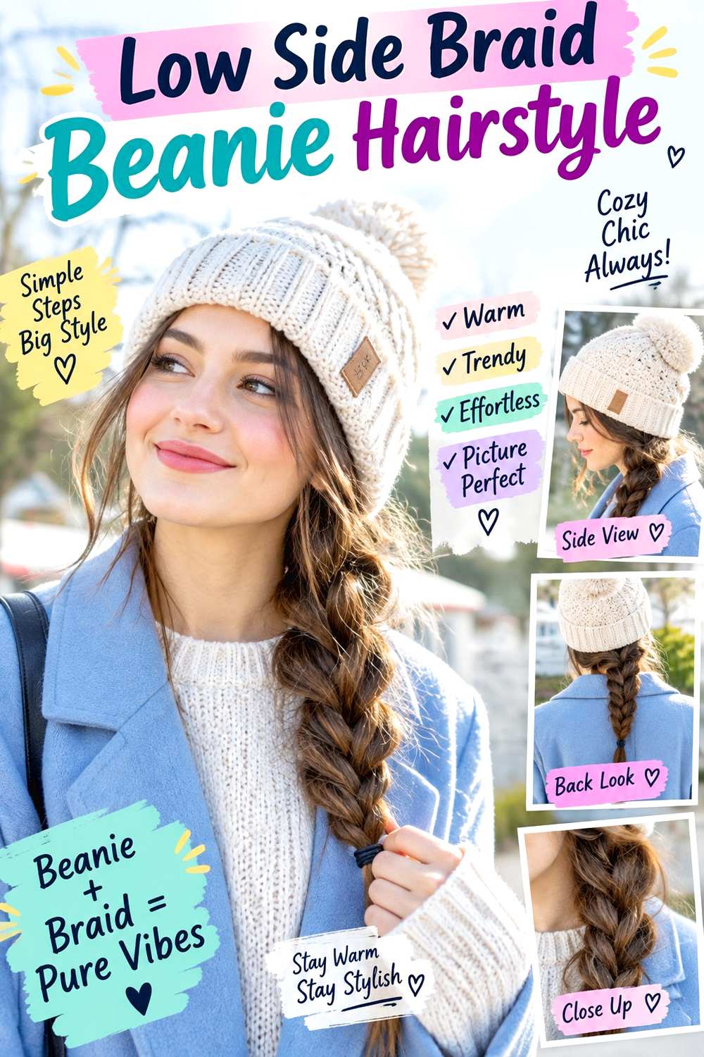Low Side Braid Beanie Hairstyle