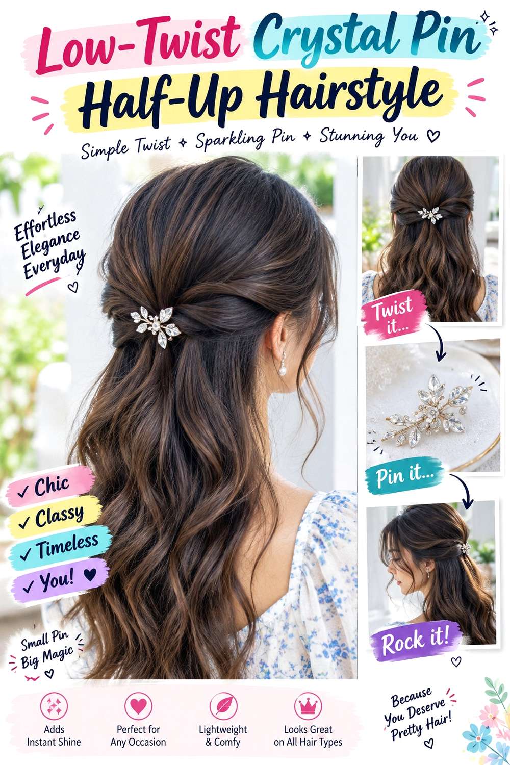 Low-Twist Crystal Pin Half-Up Hairstyle