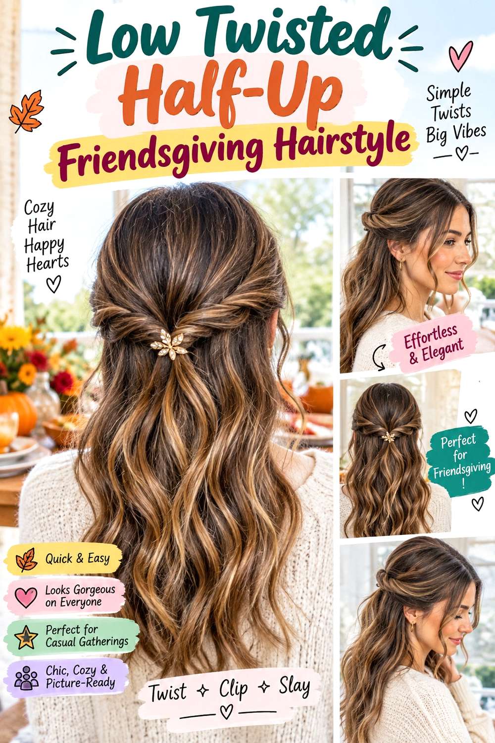 Low Twisted Half-Up Friendsgiving Hairstyle