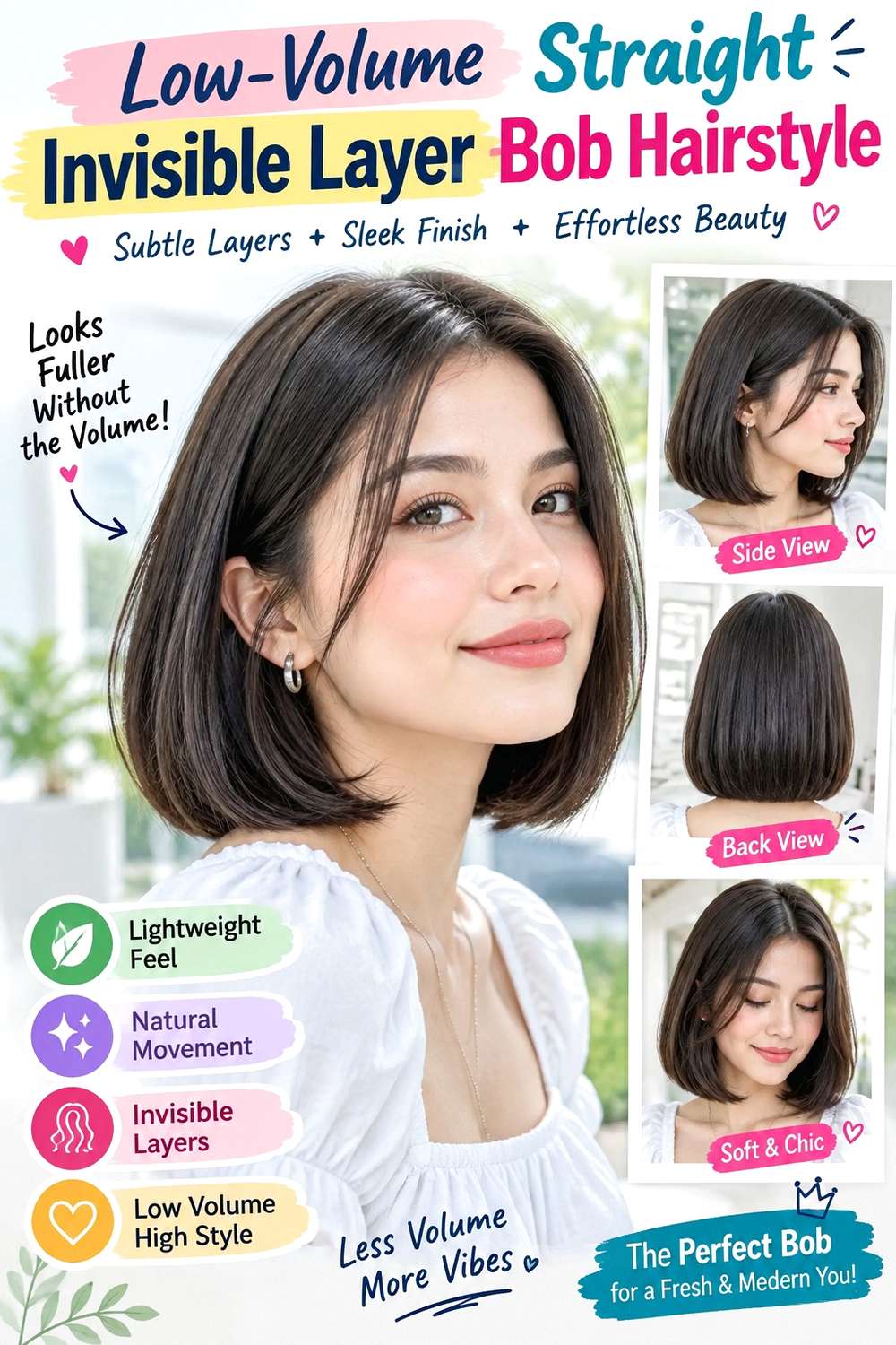 Low-Volume Straight Invisible Layer Bob Hairstyle