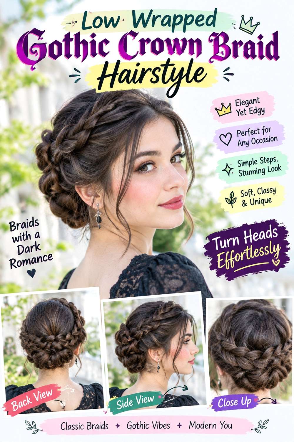 Low Wrapped Gothic Crown Braid Hairstyle