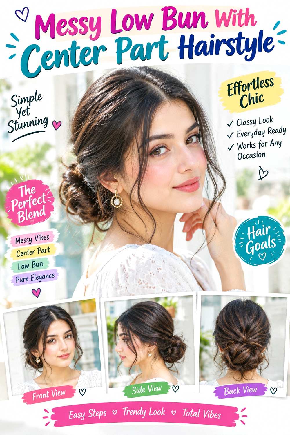Messy Low Bun With Center Part Hairstyle