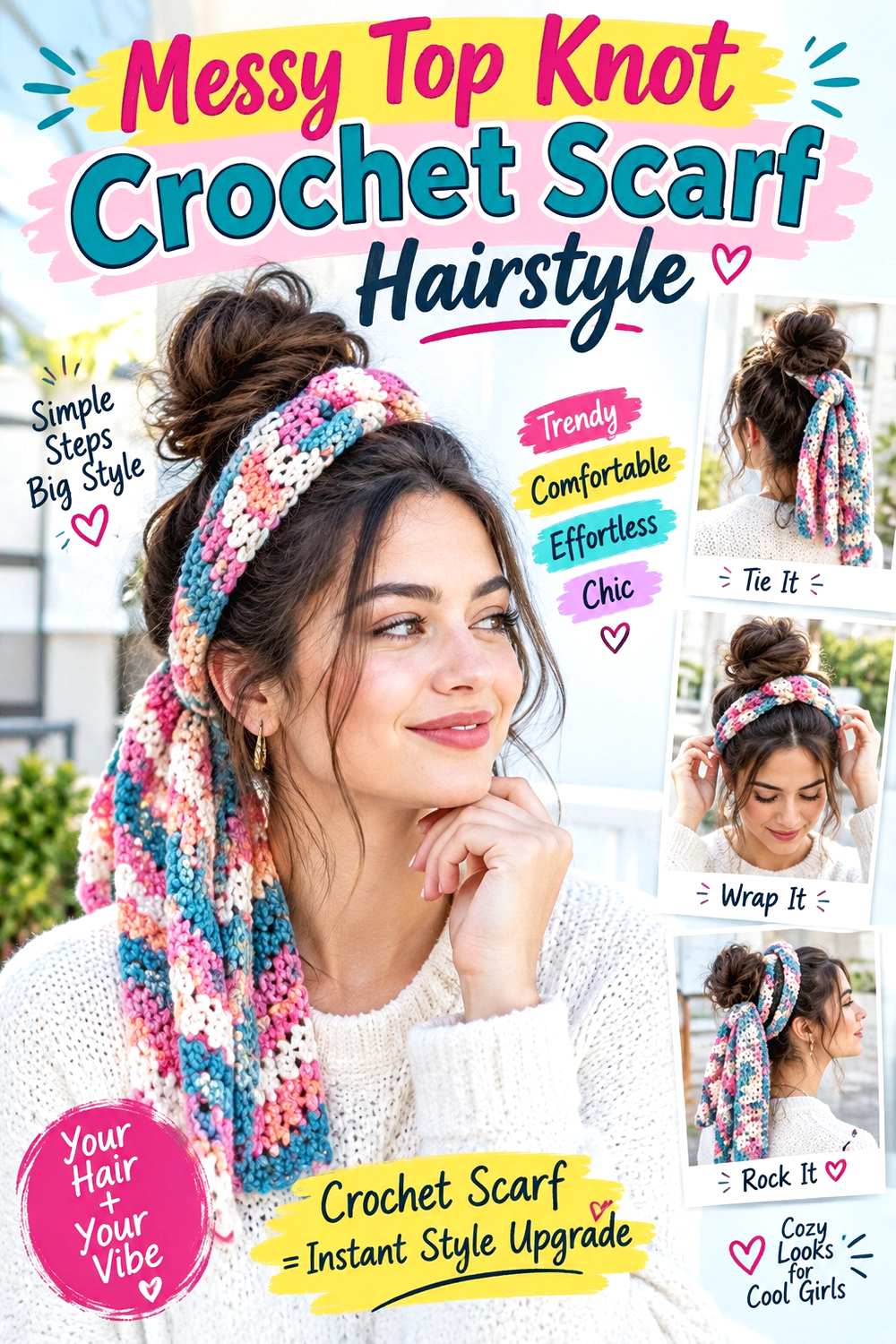 Messy Top Knot Crochet Scarf Hairstyle
