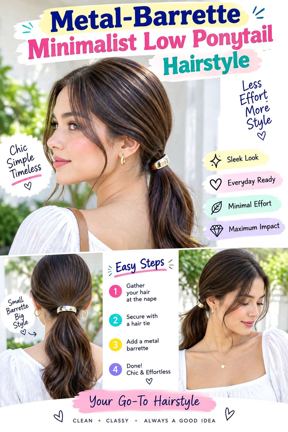 Metal-Barrette Minimalist Low Ponytail Hairstyle