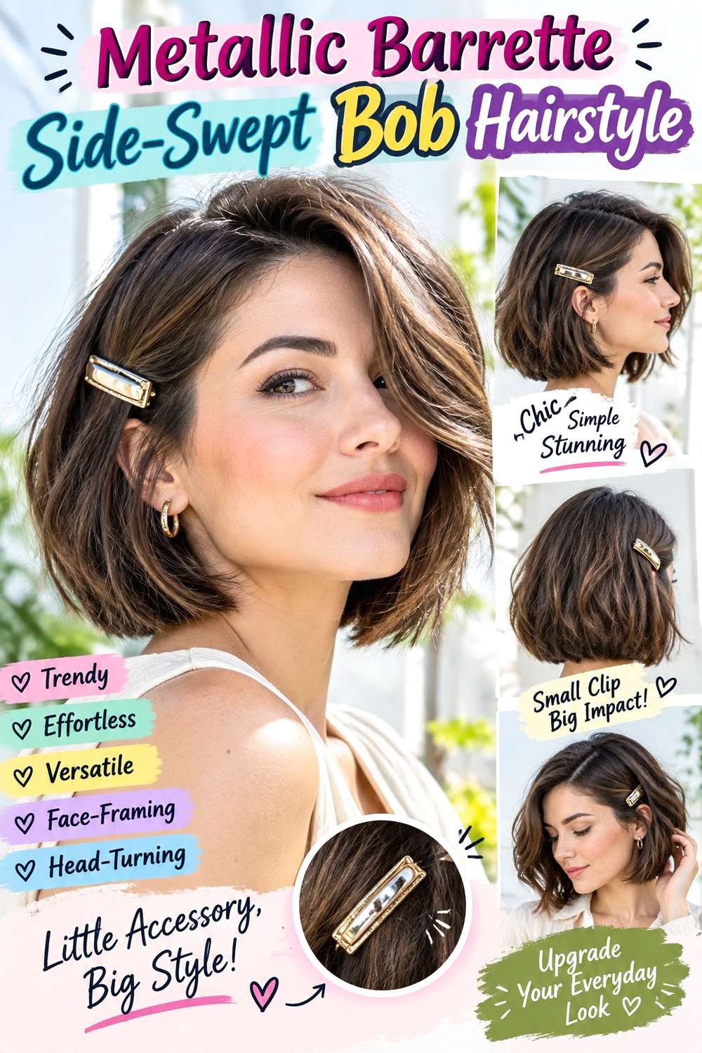 Metallic Barrette Side-Swept Bob Hairstyle