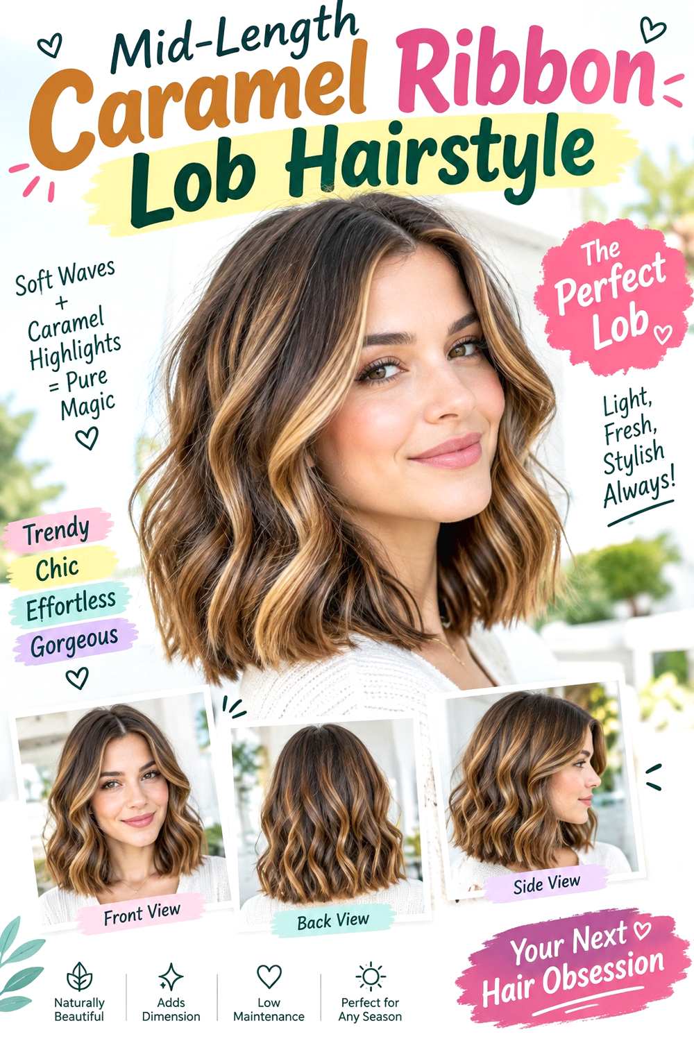 Mid-Length Caramel Ribbon Lob Hairstyle