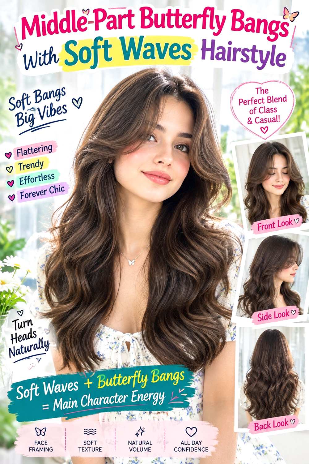 Middle-Part Butterfly Bangs With Soft Waves Hairstyle