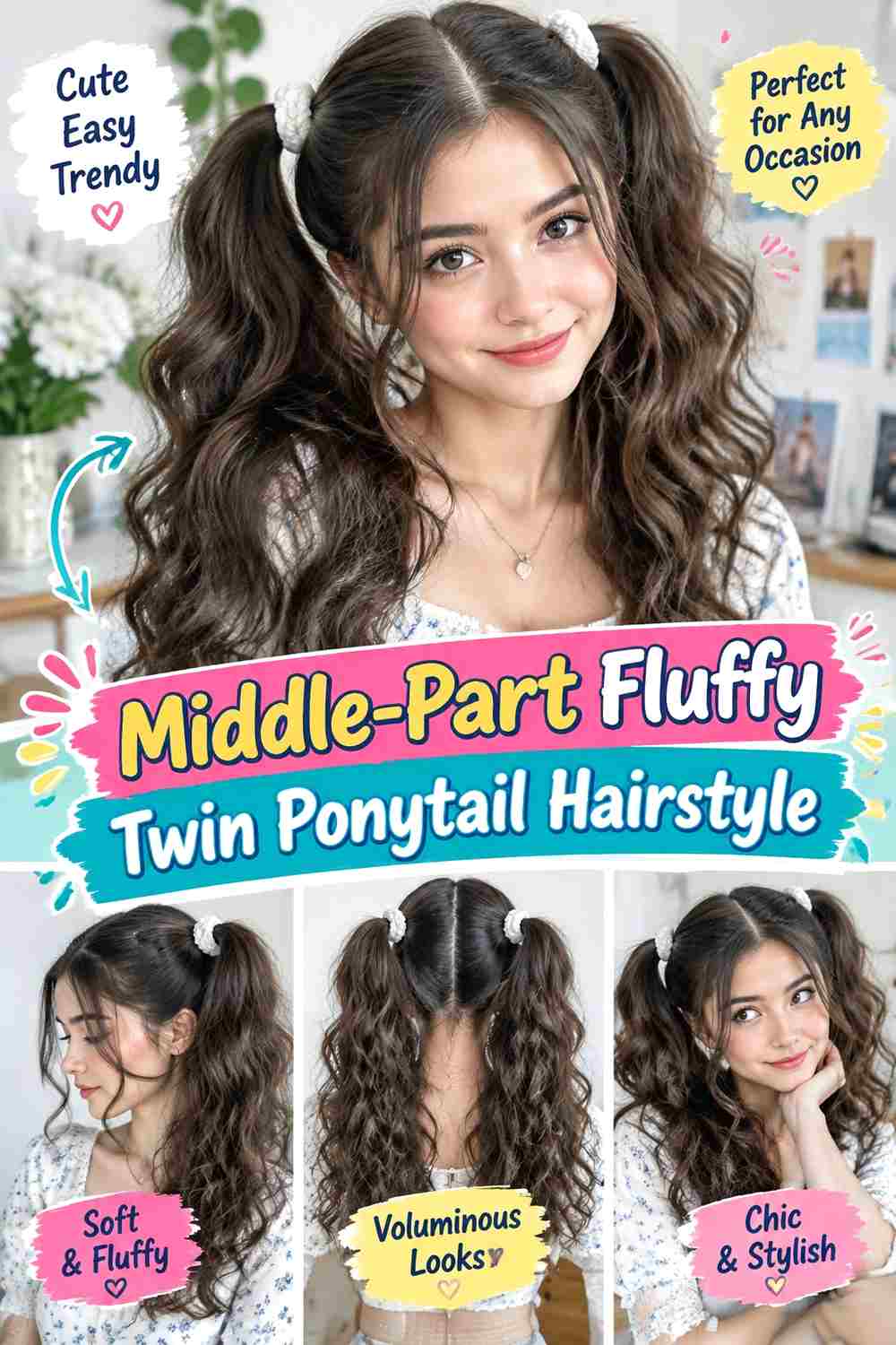 Middle-Part Fluffy Twin Ponytail Hairstyle