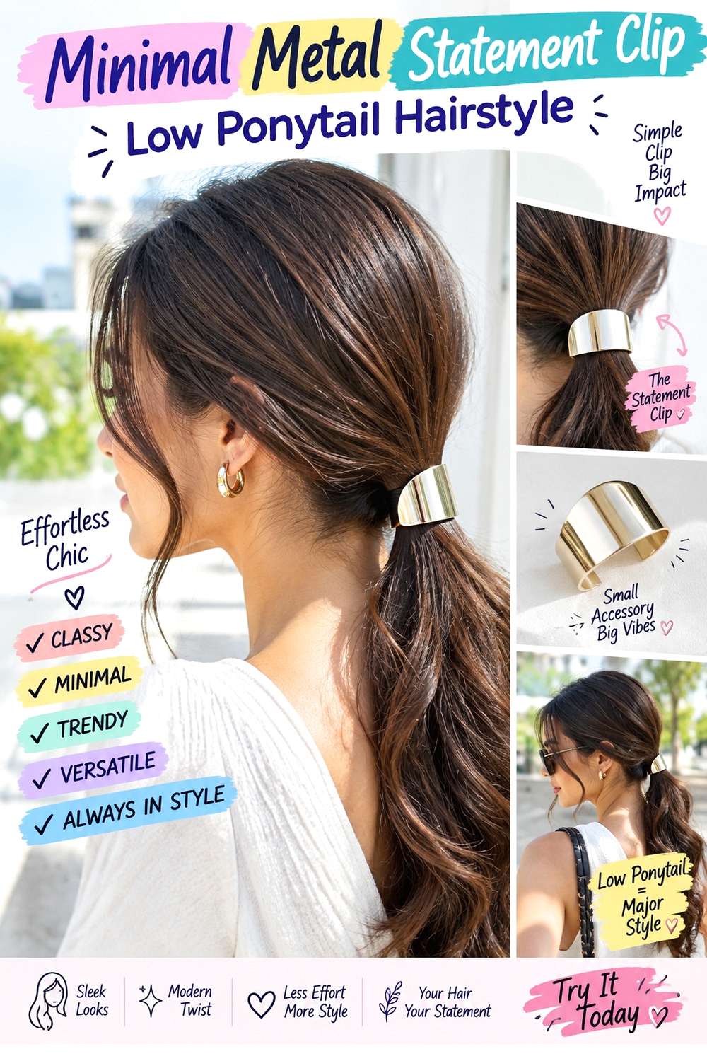 Minimal Metal Statement Clip Low Ponytail Hairstyle
