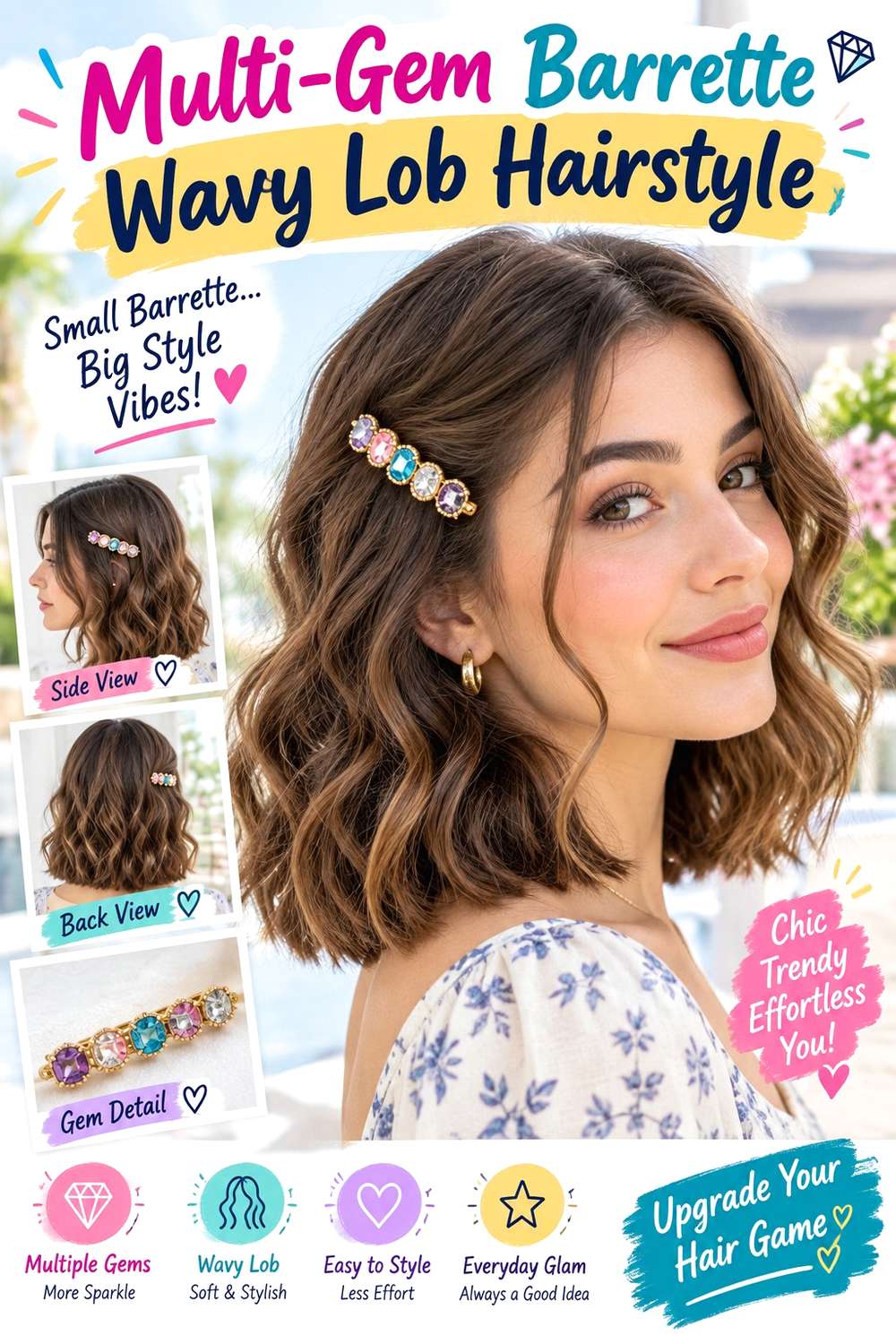 Multi-Gem Barrette Wavy Lob Hairstyle