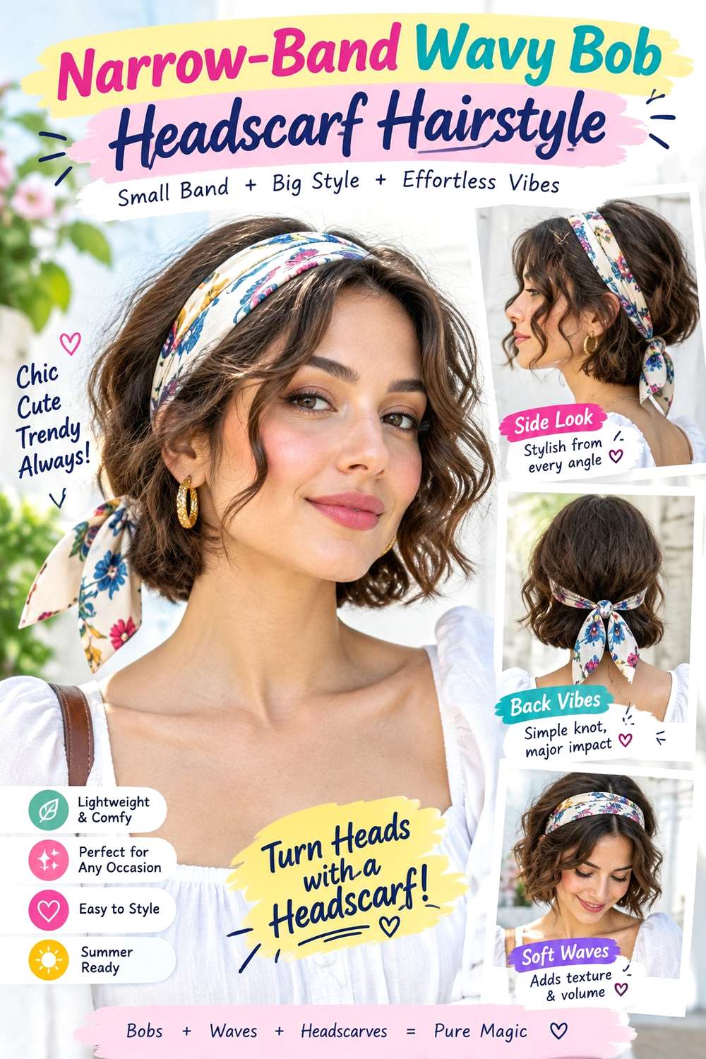 Narrow-Band Wavy Bob Headscarf Hairstyle