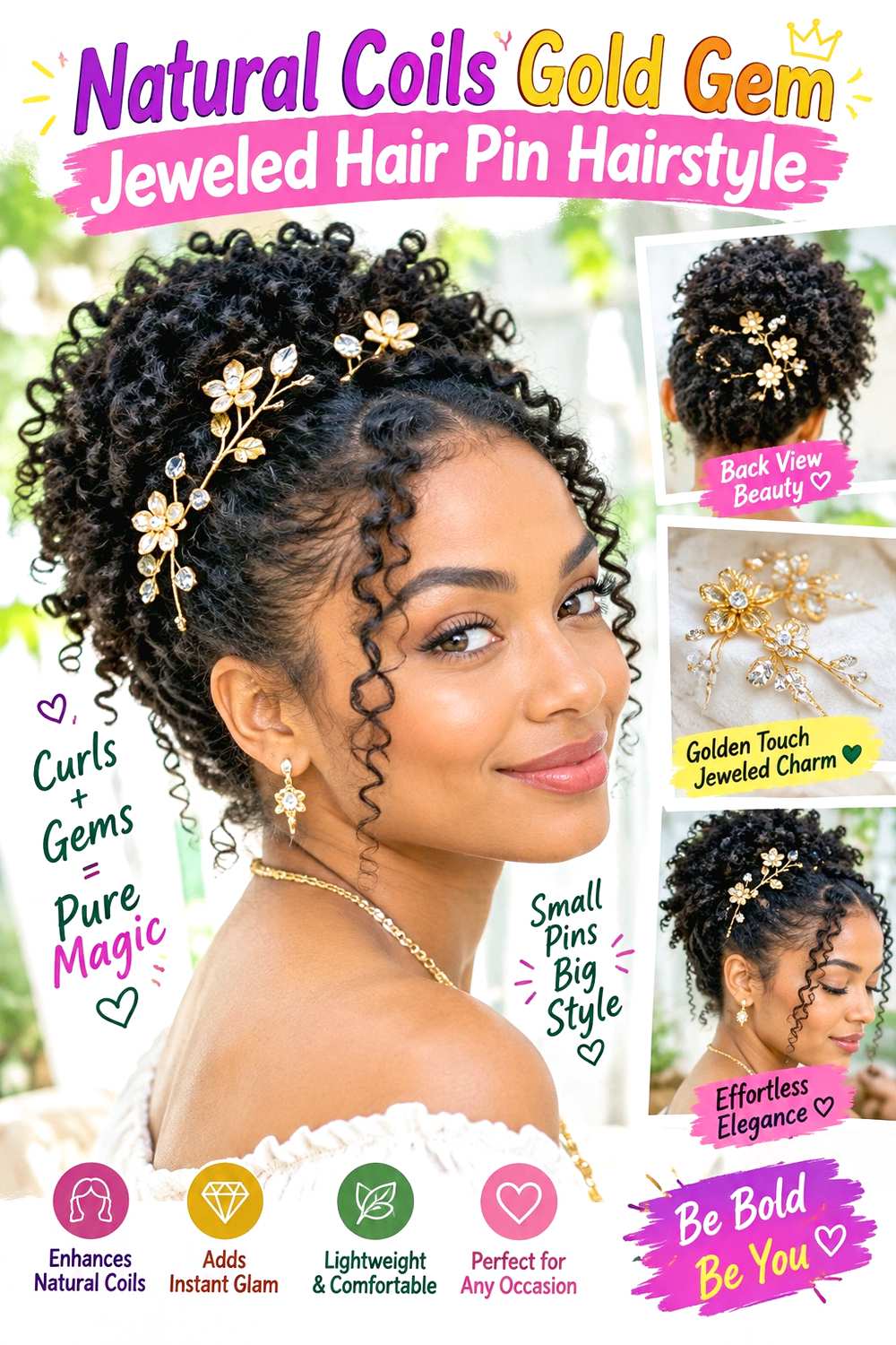 Natural Coils Gold Gem Jeweled Hair Pin Hairstyle