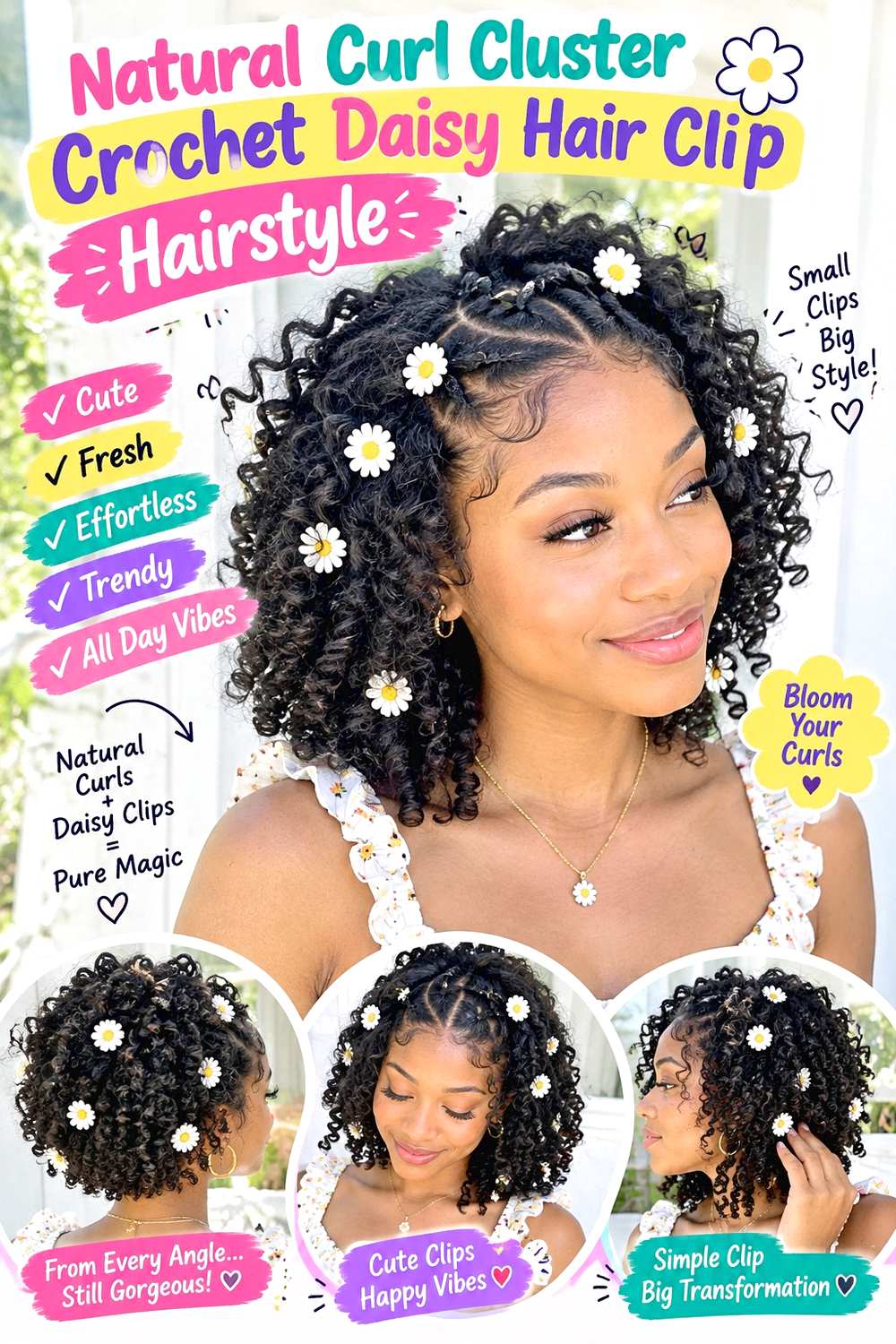Natural Curl Cluster Crochet Daisy Hair Clip Hairstyle