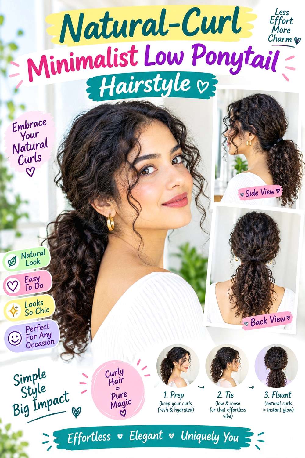 Natural-Curl Minimalist Low Ponytail Hairstyle