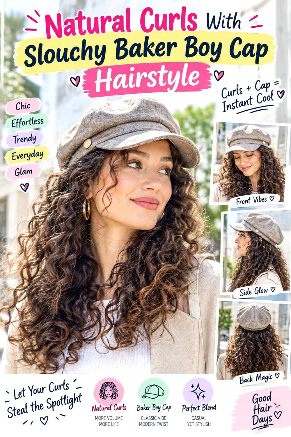 Natural Curls With Slouchy Baker Boy Cap Hairstyle