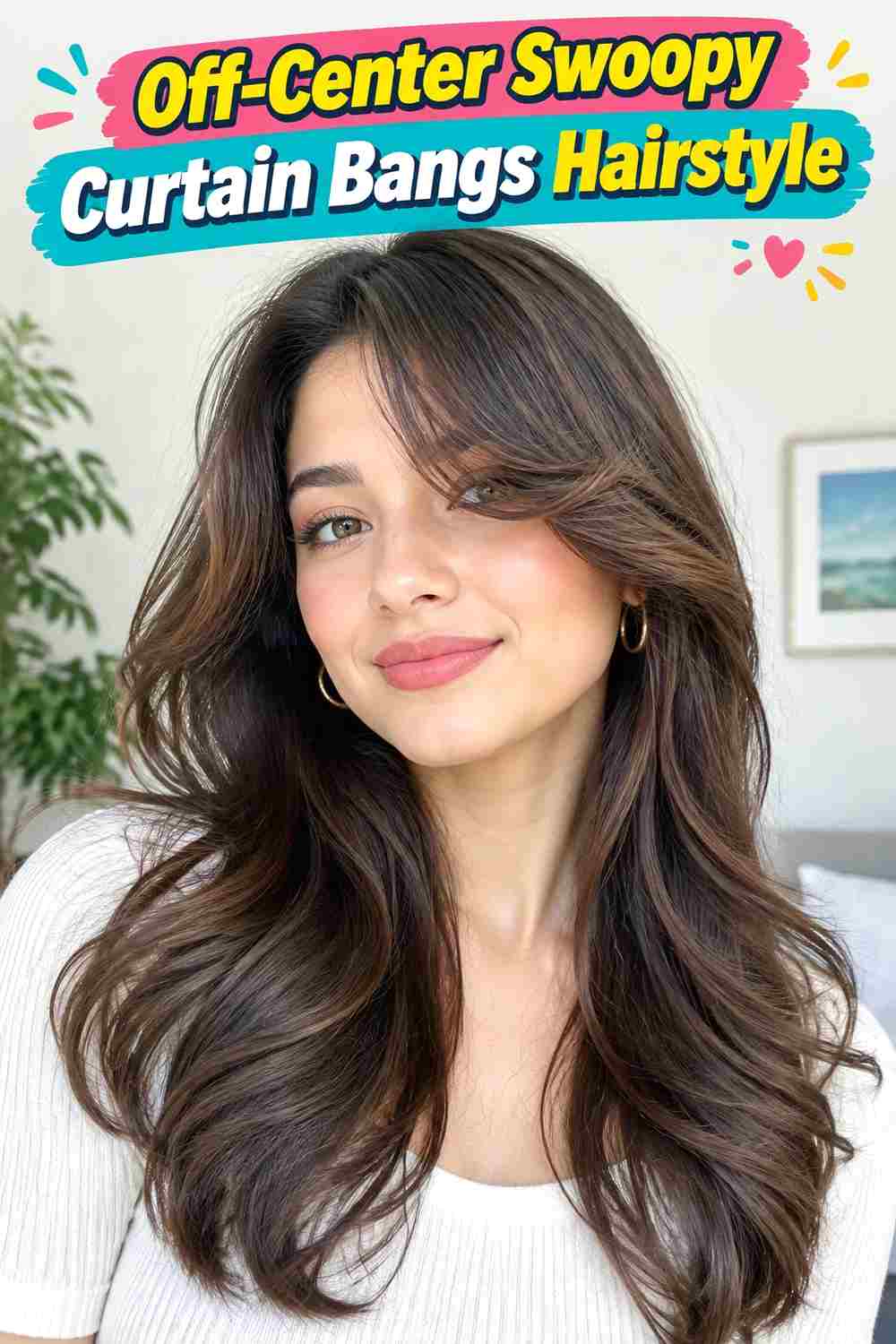 Off-Center Swoopy Curtain Bangs Hairstyle