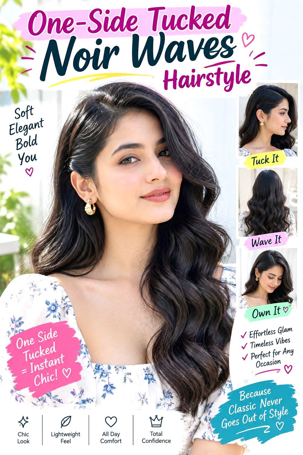 One-Side Tucked Noir Waves Hairstyle