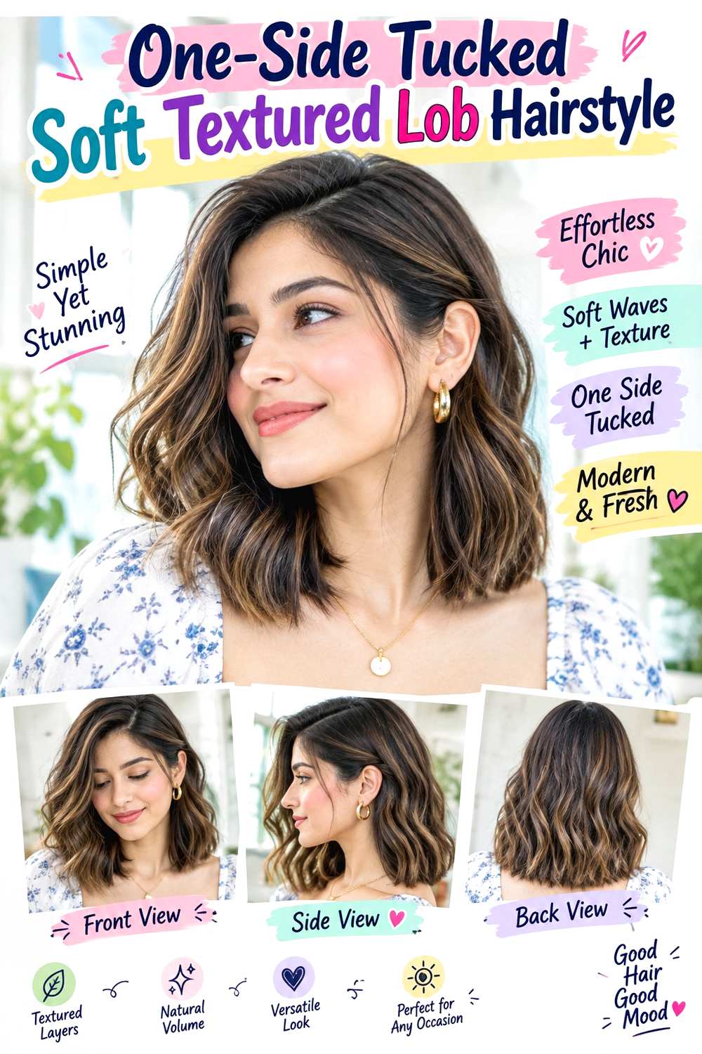 One-Side Tucked Soft Textured Lob Hairstyle