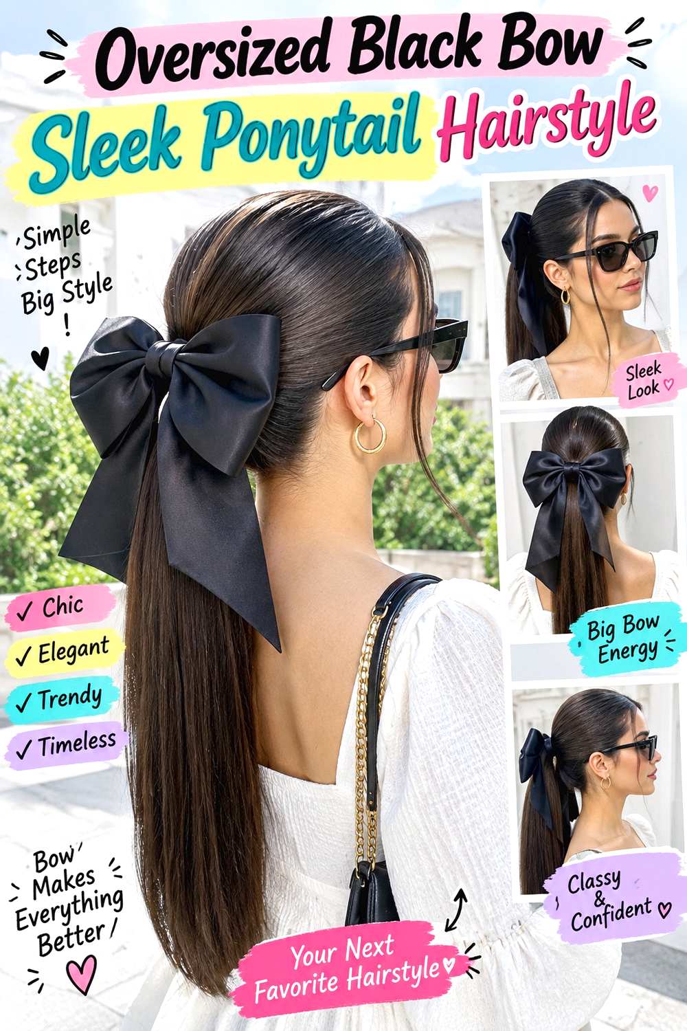 Oversized Black Bow Sleek Ponytail Hairstyle