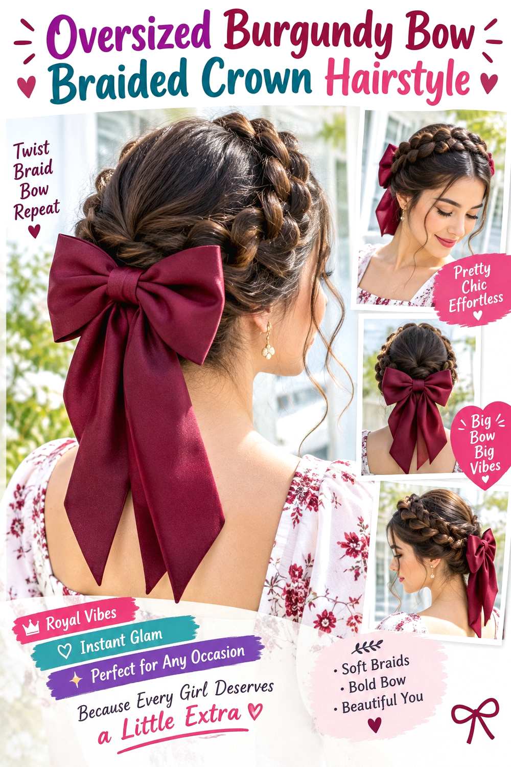Oversized Burgundy Bow Braided Crown Hairstyle