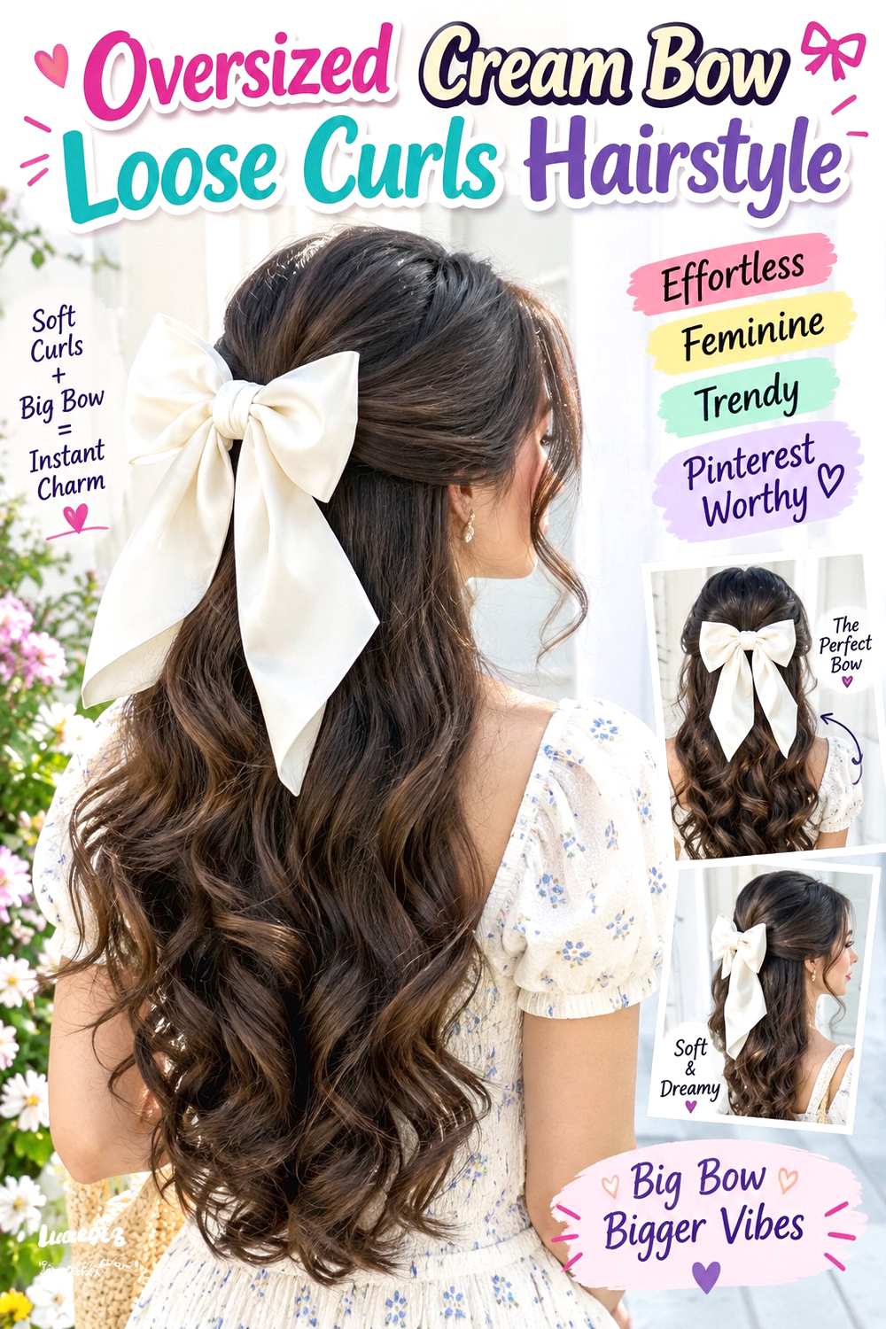 Oversized Cream Bow Loose Curls Hairstyle