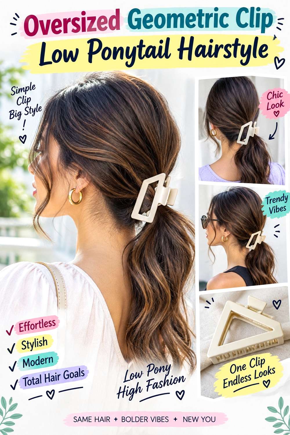 Oversized Geometric Clip Low Ponytail Hairstyle