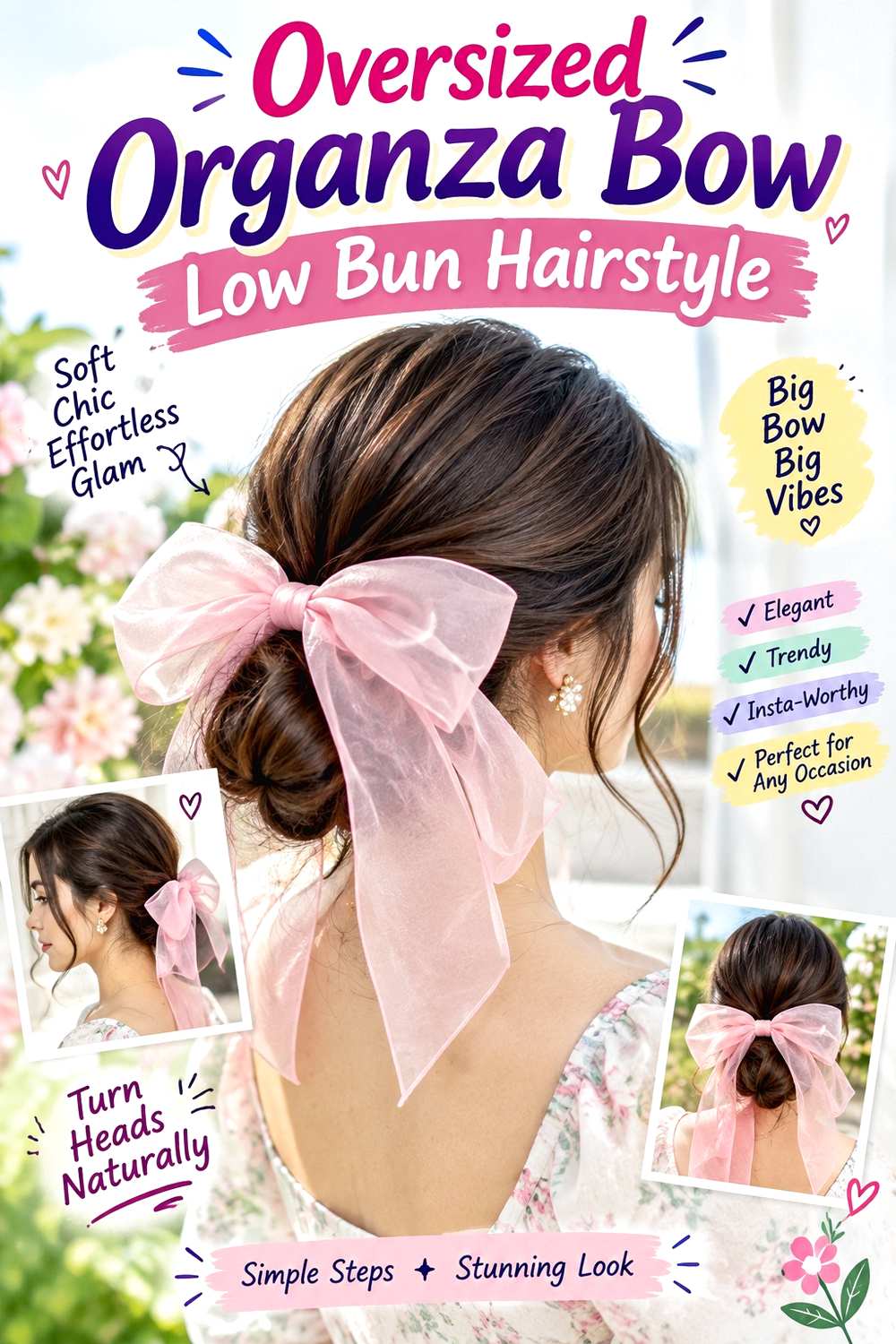 Oversized Organza Bow Low Bun Hairstyle