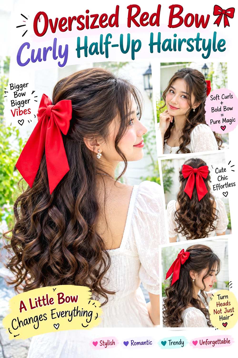 Oversized Red Bow Curly Half-Up Hairstyle