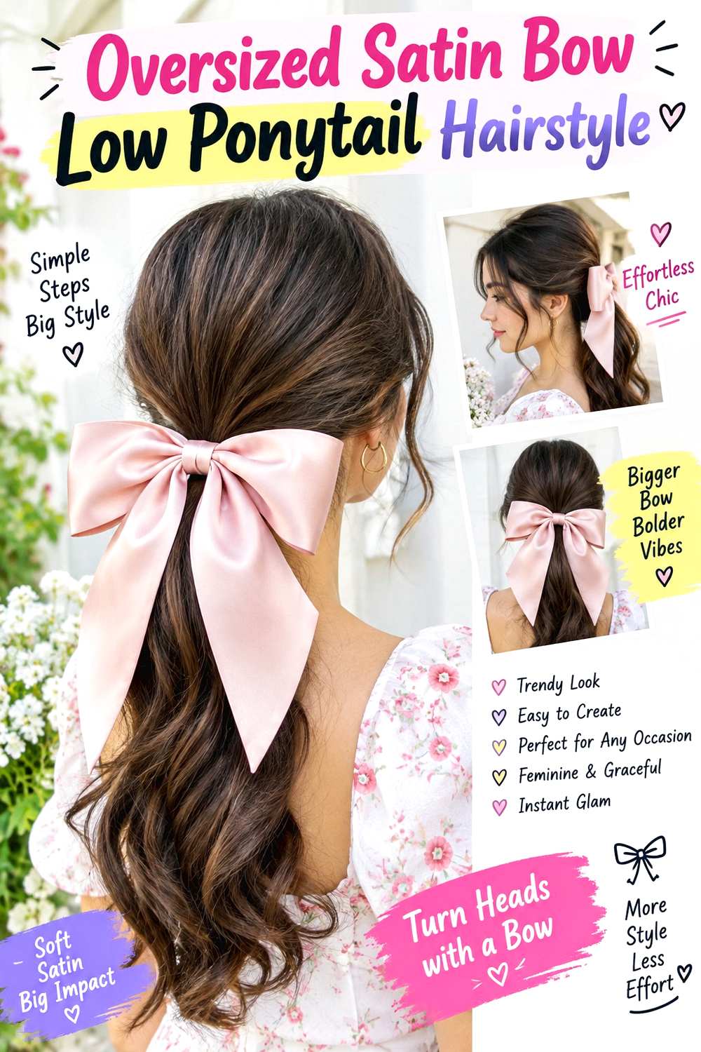Oversized Satin Bow Low Ponytail Hairstyle