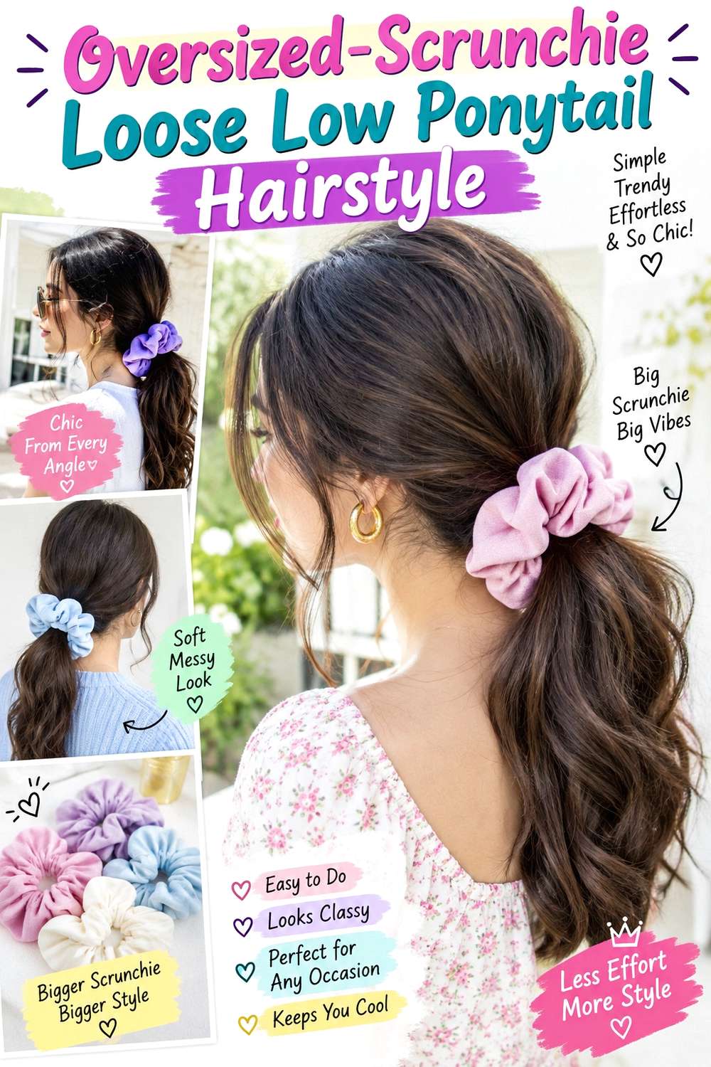 Oversized-Scrunchie Loose Low Ponytail Hairstyle