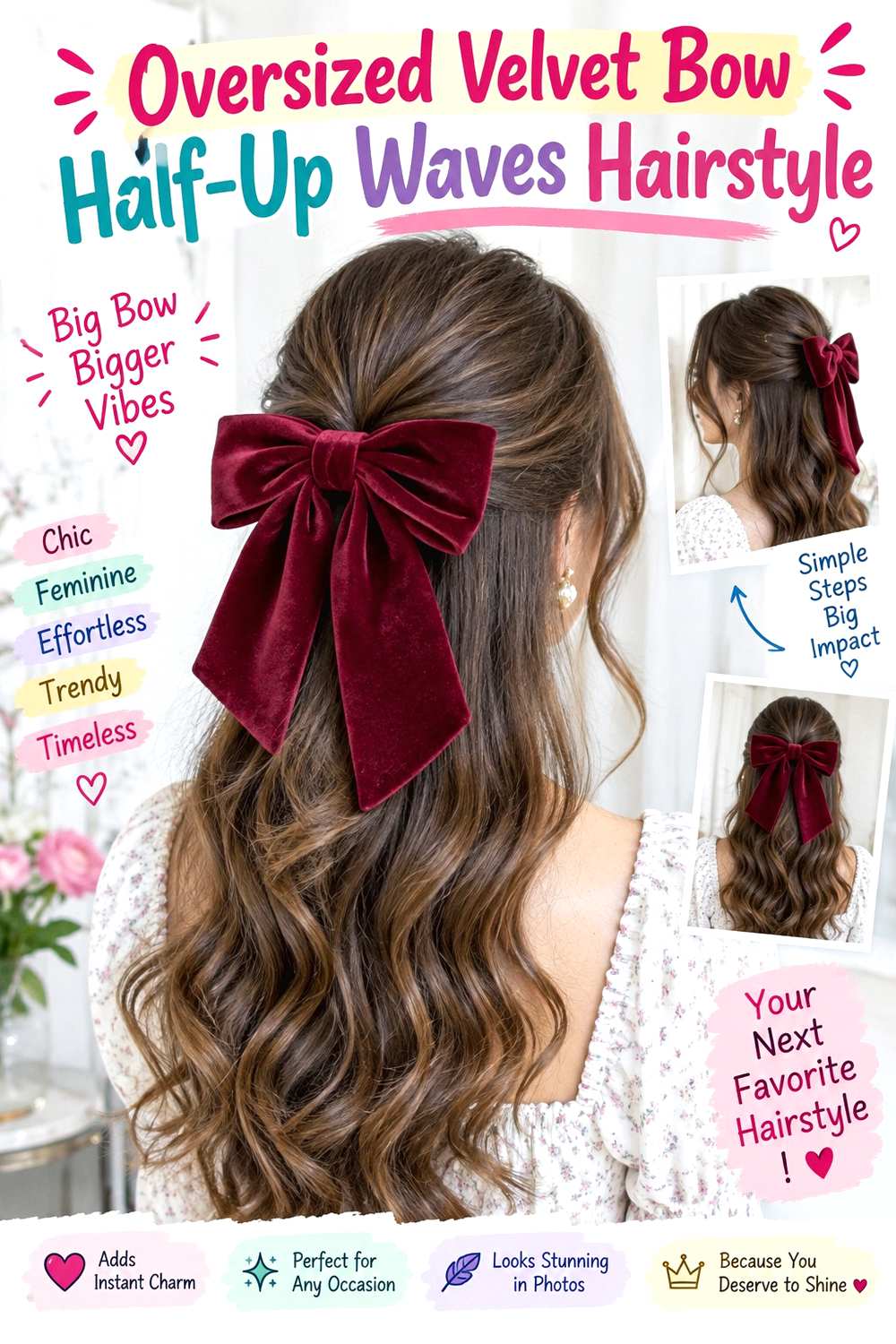 Oversized Velvet Bow Half-Up Waves Hairstyle