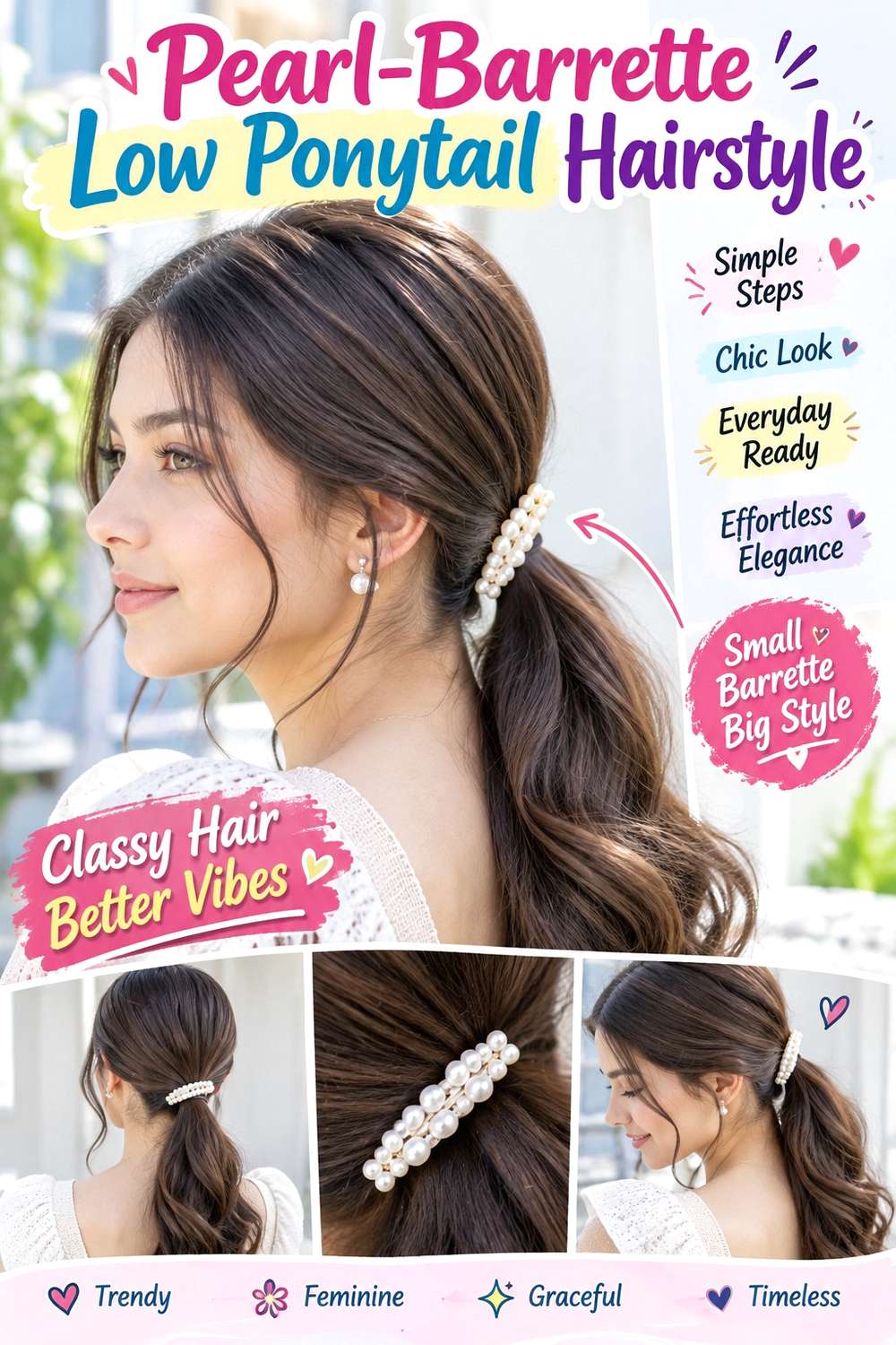 Pearl-Barrette Low Ponytail Hairstyle