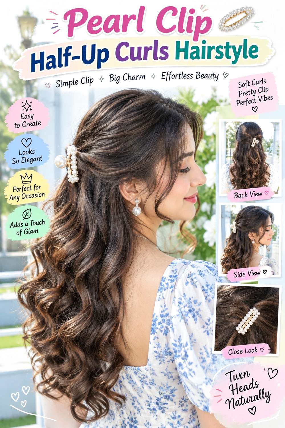 Pearl Clip Half-Up Curls Hairstyle