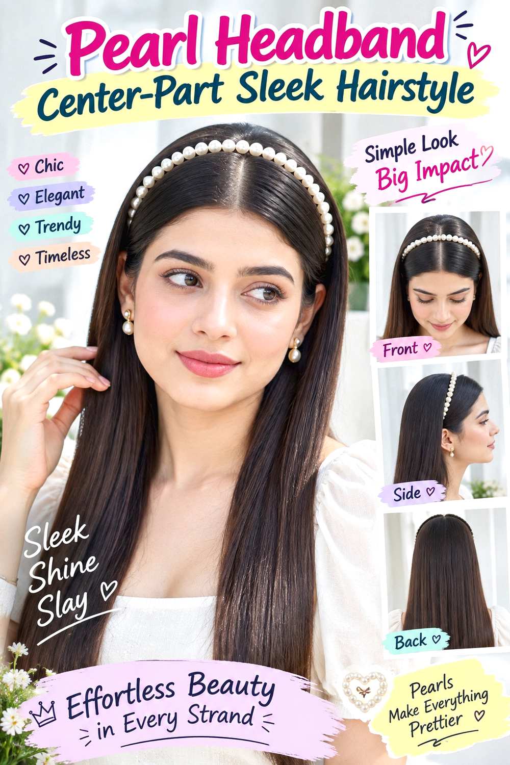 Pearl Headband Center-Part Sleek Hairstyle