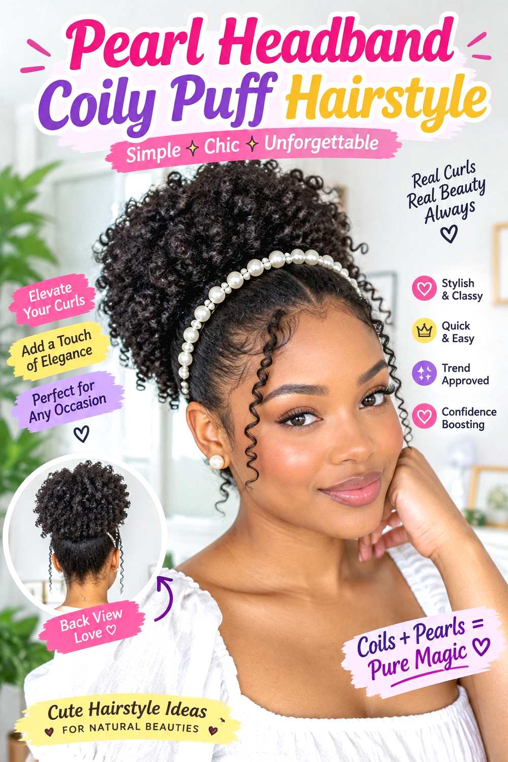 Pearl Headband Coily Puff Hairstyle